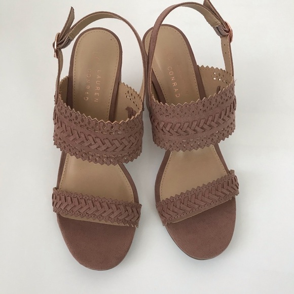 New! Block Heel Faux Suede Bohemian Pink Mauve Chunky High Heel Braided Sandals - Picture 4 of 12